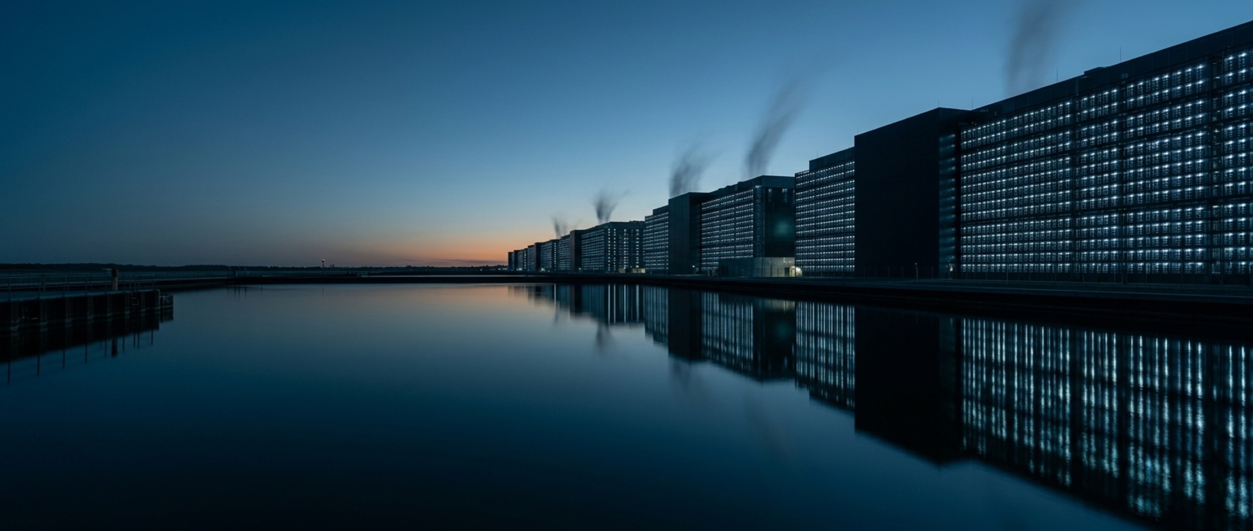 A hyperscale data center campus reflected in a water basin